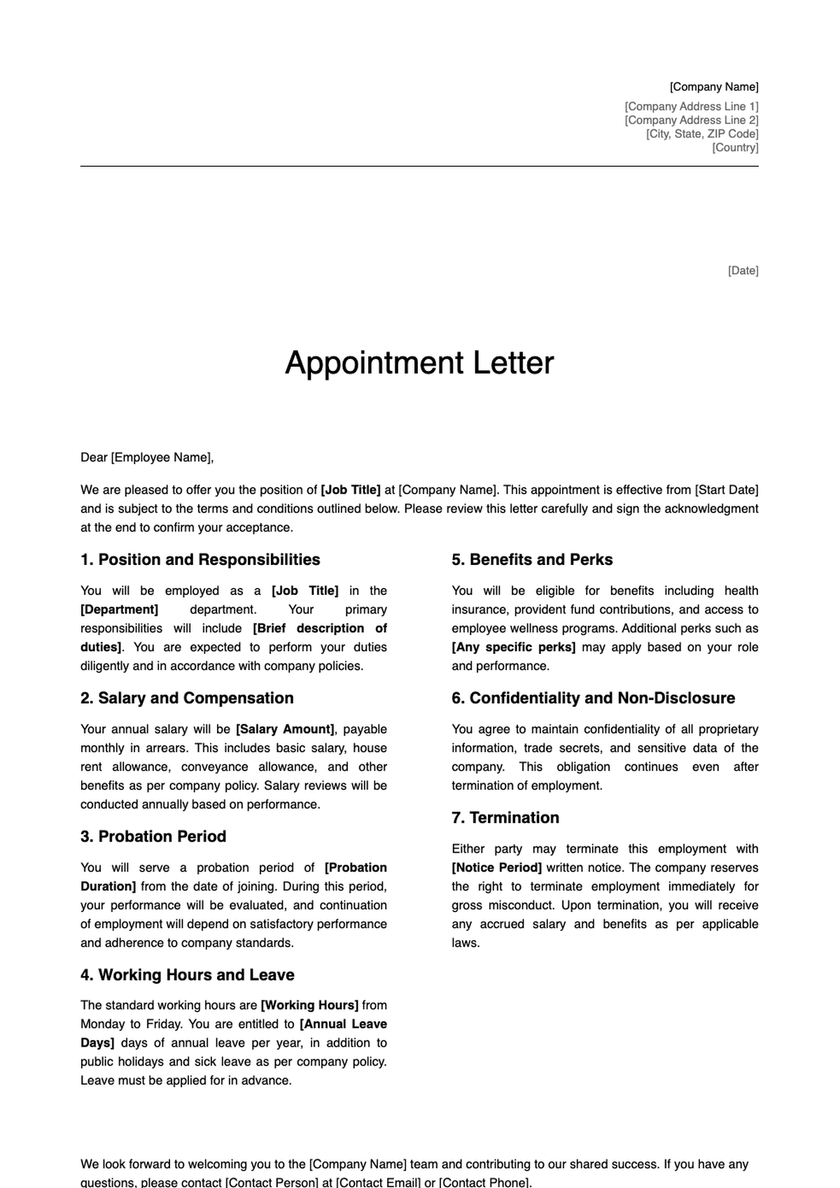 Formal letter of appointment with terms and conditions template_variant_2